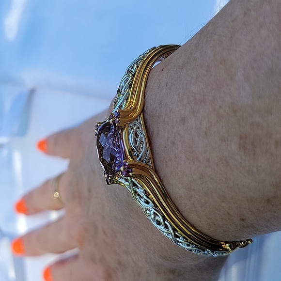 Bangle bracelet with security clasp 925 mark with goldtone. Multi-gemsto…
